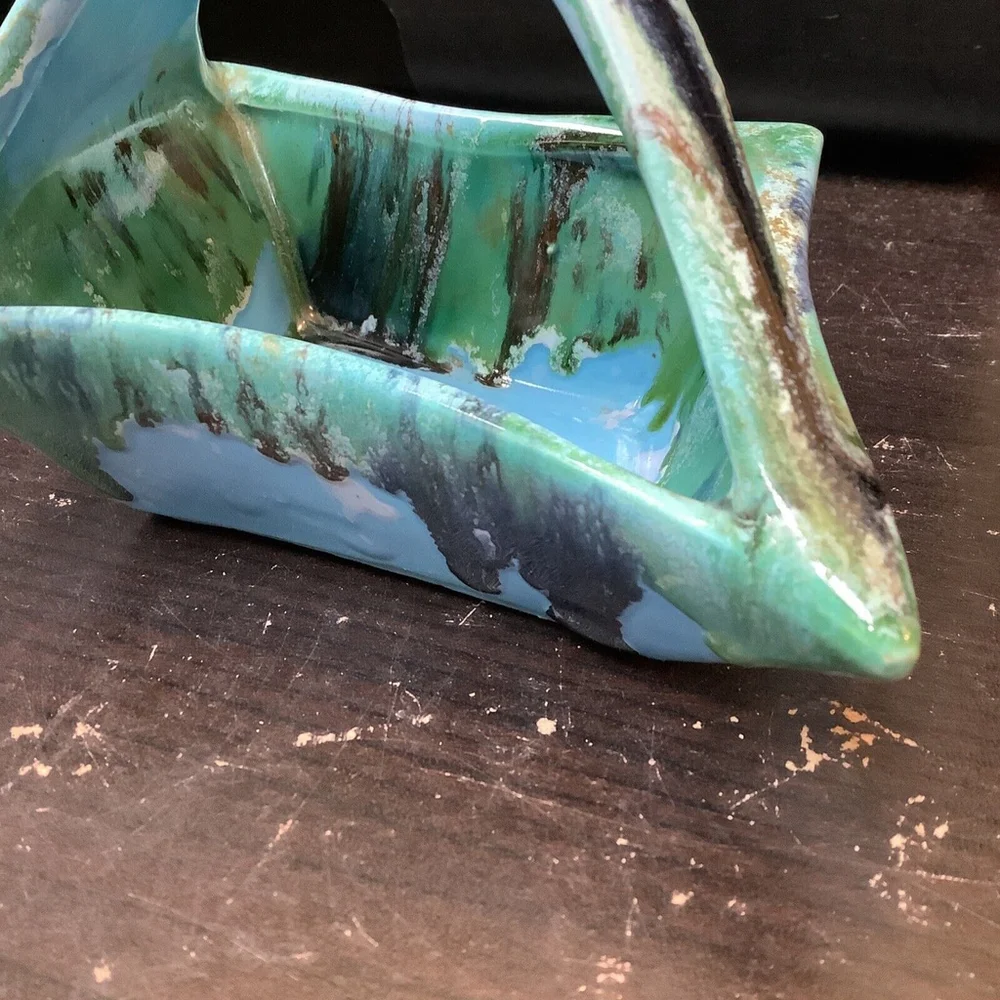 Art pottery vase drip glaze MCM Diamond Shaped Basket 4.5”x7”